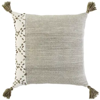 20" Taupe and Ivory Herringbone Cotton Throw Pillow With Tassels