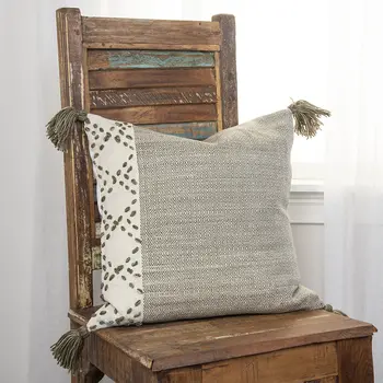 20" Taupe and Ivory Herringbone Cotton Throw Pillow With Tassels