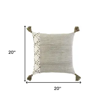 20" Taupe and Ivory Herringbone Cotton Throw Pillow With Tassels