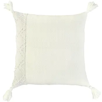 20" Ivory Herringbone Cotton Throw Pillow With Tassles