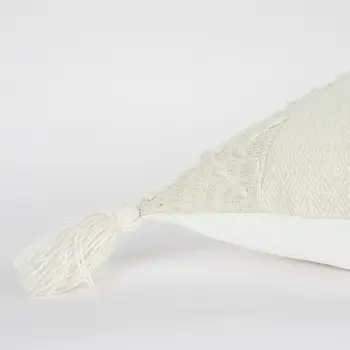 20" Ivory Herringbone Cotton Throw Pillow With Tassles