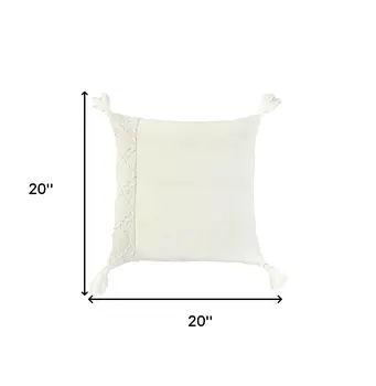 20" Ivory Herringbone Cotton Throw Pillow With Tassles