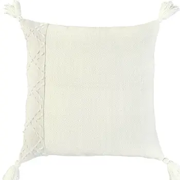 20" Ivory Herringbone Cotton Throw Pillow With Tassles