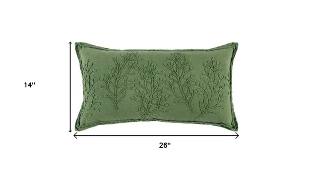 14" X 26" Green Tone on Tone Botanical Throw Pillow With Embroidery