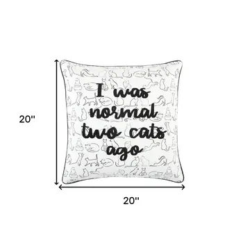 20" White And Black Cotton Whimsical Cat Throw Pillow