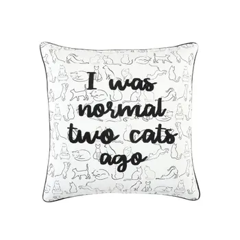 20" White And Black Cotton Whimsical Cat Throw Pillow