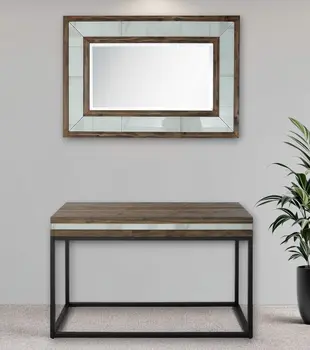47" Brown White and Black Solid Wood And Faux Marble Sled Console Table