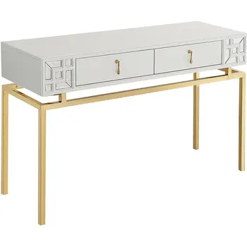47" White and Gold Wood Console Table With Two Drawers