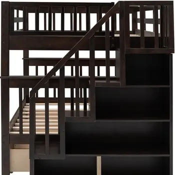 Brown Double Full Size Stairway Bunk Bed With Drawer
