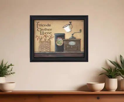 Friends Gather Here Black Framed Print Wall Art
