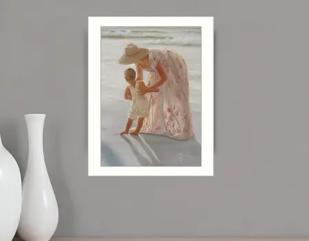First Time on the Beach White Framed Print Wall Art
