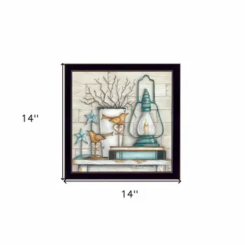 Lantern on Books 1 Black Framed Print Wall Art