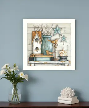 Birdhouse on Books 2 White Framed Print Wall Art
