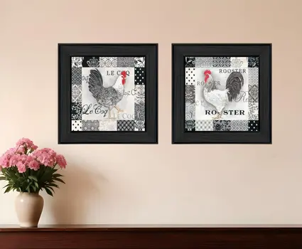Set Of Two Rooster I Black Framed Print Wall Art