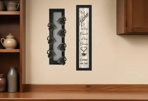Set Of Two Come On In with Seven Peg Mug Rack 1 Black Framed Print Kitchen Wall Art