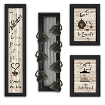Set Of Four Kitchen Collection V with Seven Peg Mug Rack 2 Black Framed Print Kitchen Wall Art