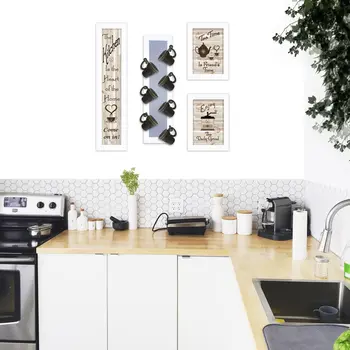 Set Of Four Kitchen Collection V with Seven Peg Mug Rack 4 White Framed Print Kitchen Wall Art