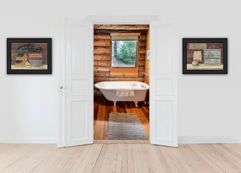 Set Of Two Hot Bath or Clean Towels Black Framed Print Bathroom Wall Art