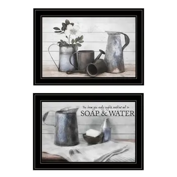 Set Of Two Soap or Floral 2 Black Framed Print Bathroom Wall Art