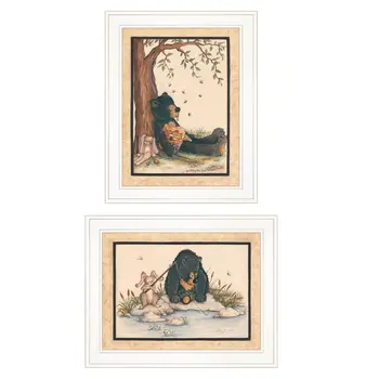 Set Of Two Gone Fishing 1 White Framed Print Wall Art