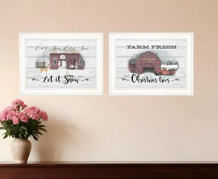 Set Of Two Farm Christmas 1 White Framed Print Wall Art