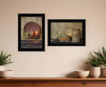Set Of Two Candle Light and Flowers 2 Black Framed Print Wall Art
