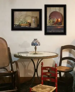 Set Of Two Candle Light and Flowers 2 Black Framed Print Wall Art