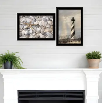 Set Of Two Cape Hatteras Lighthouse and Sea Shells 4 Black Framed Print Wall Art