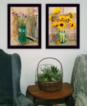 Set Of Two Country Sunflowers and Chives Black Framed Print Wall Art