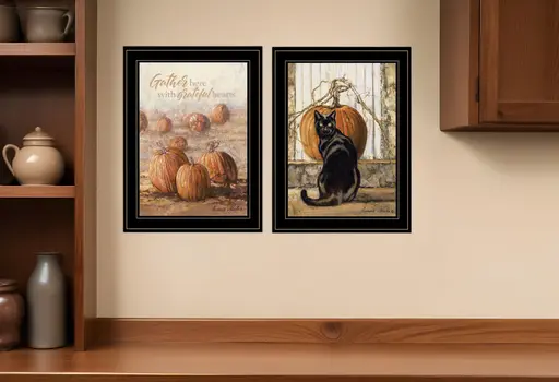 Set Of Two Pumpkins with A Black Cat Black Framed Print Wall Art