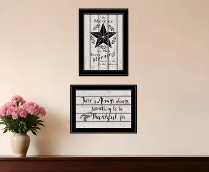 Set Of Two His Mercies and Thankful 2 Black Framed Print Wall Art