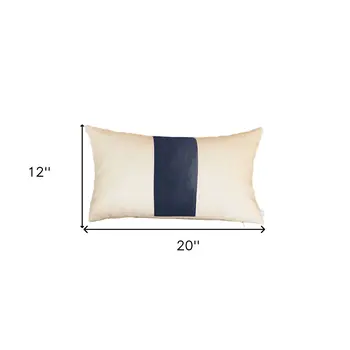 Set Of Two 12" X 20" Navy Blue and Ivory Faux Leather Zippered Pillow Cover