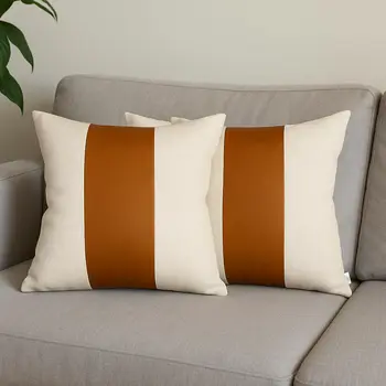 Set of Two 17" Brown And Ivory Faux Leather Throw Pillow Covers