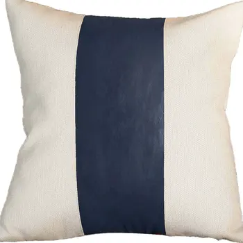 Set Of Four 17" X 17" Navy Blue and Ivory Faux Leather Zippered Pillow Cover
