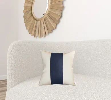 Set Of Four 17" X 17" Navy Blue and Ivory Faux Leather Zippered Pillow Cover