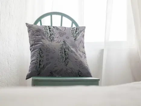 16” Blue Purple Tropical Leaf Zippered Suede Throw Pillow