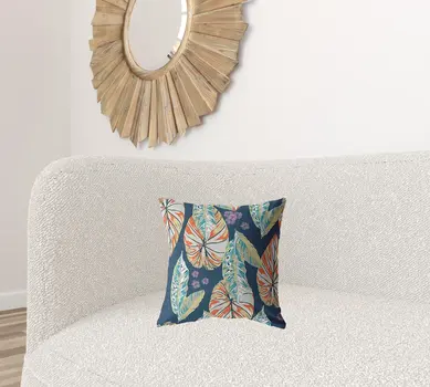 16” Orange Blue Tropical Leaf Zippered Suede Throw Pillow