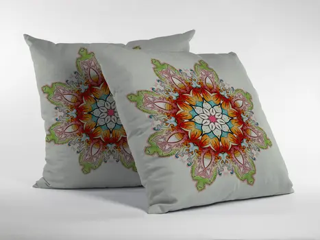 16" Orange Green Mandala Zip Suede Throw Pillow