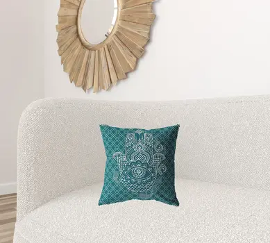 16” Teal White Hamsa Suede Zippered Throw Pillow