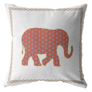 18” Orange White Elephant Zippered Suede Throw Pillow