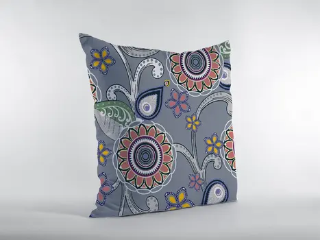 18” Gray Pink Floral Suede Zippered Throw Pillow