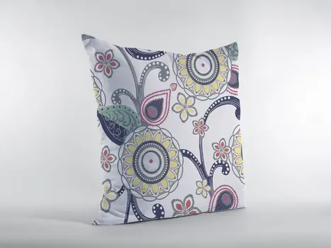 18” White Yellow Floral Suede Zippered Throw Pillow