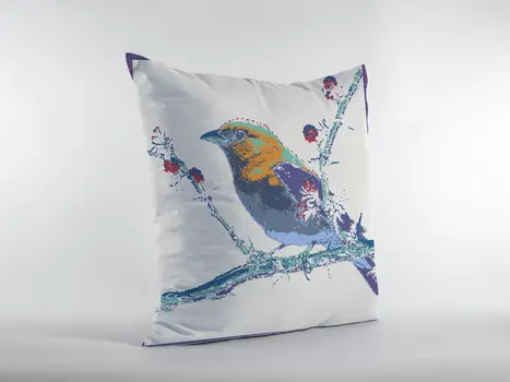 16” Blue White Robin Zippered Suede Throw Pillow