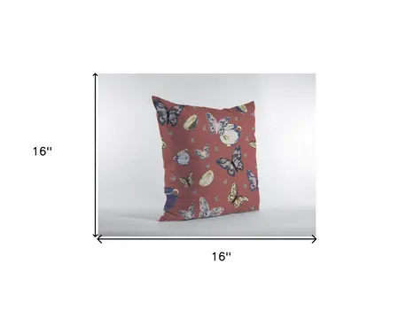 16" Copper Rose Butterflies Zippered Suede Throw Pillow