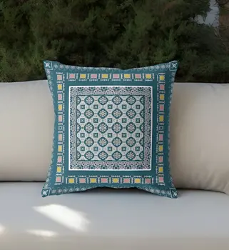 16” Blue Beige Block Indoor Outdoor Zippered Throw Pillow