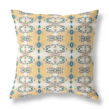 20” Tan Blue Patterned Indoor Outdoor Zippered Throw Pillow