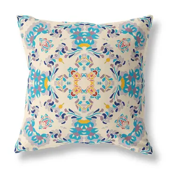 20" Blue White Filigree Indoor Outdoor Zip Throw Pillow