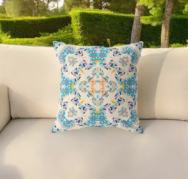 20" Blue White Filigree Indoor Outdoor Zip Throw Pillow