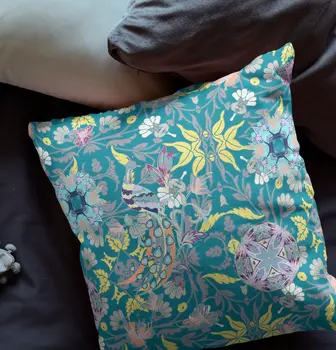 26" Teal Yellow Peacock Indoor Outdoor Zip Throw Pillow