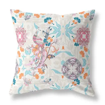 20" Pink Blue Peacock Indoor Outdoor Zip Throw Pillow
